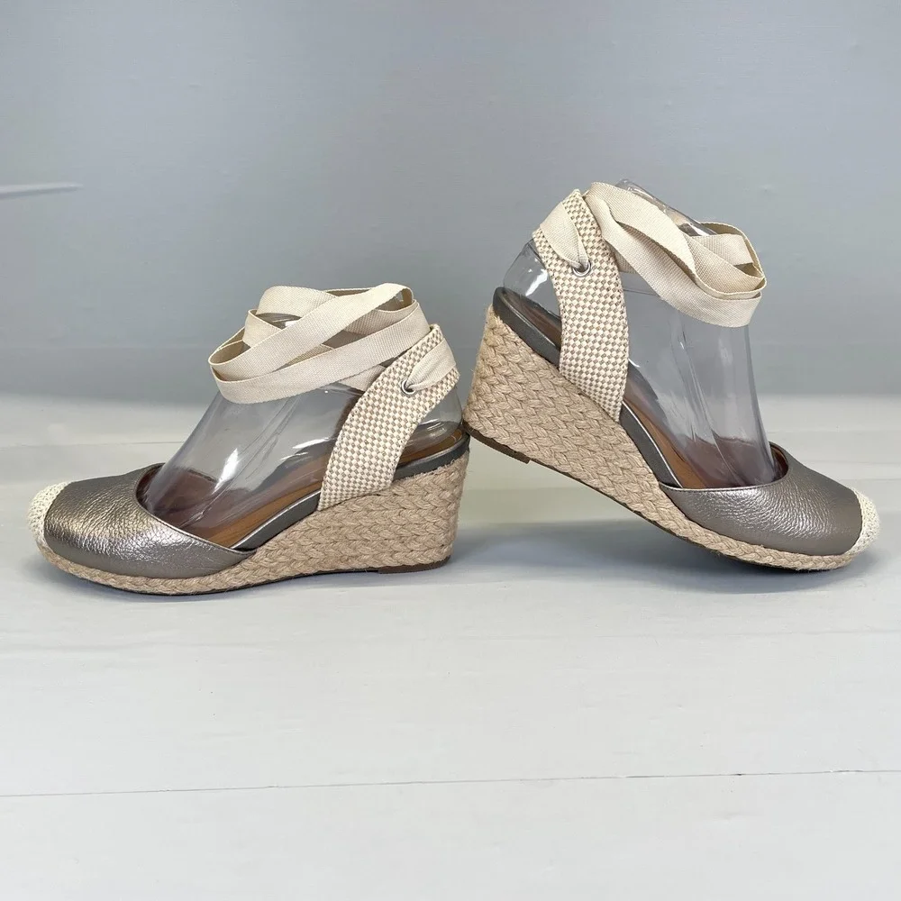 Vionic Maris Espadrille Wedge Sandals Womens Size 6.5 Wide Gray Leather Shoes